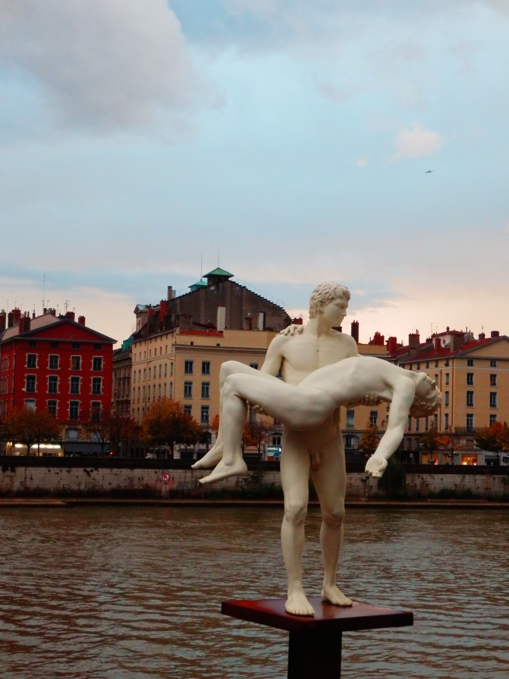 "The weight of One Self" - marble sculpture of height 2.7m by artists Michael Elmgreen & Ingar Dragset, in Lyon, France.